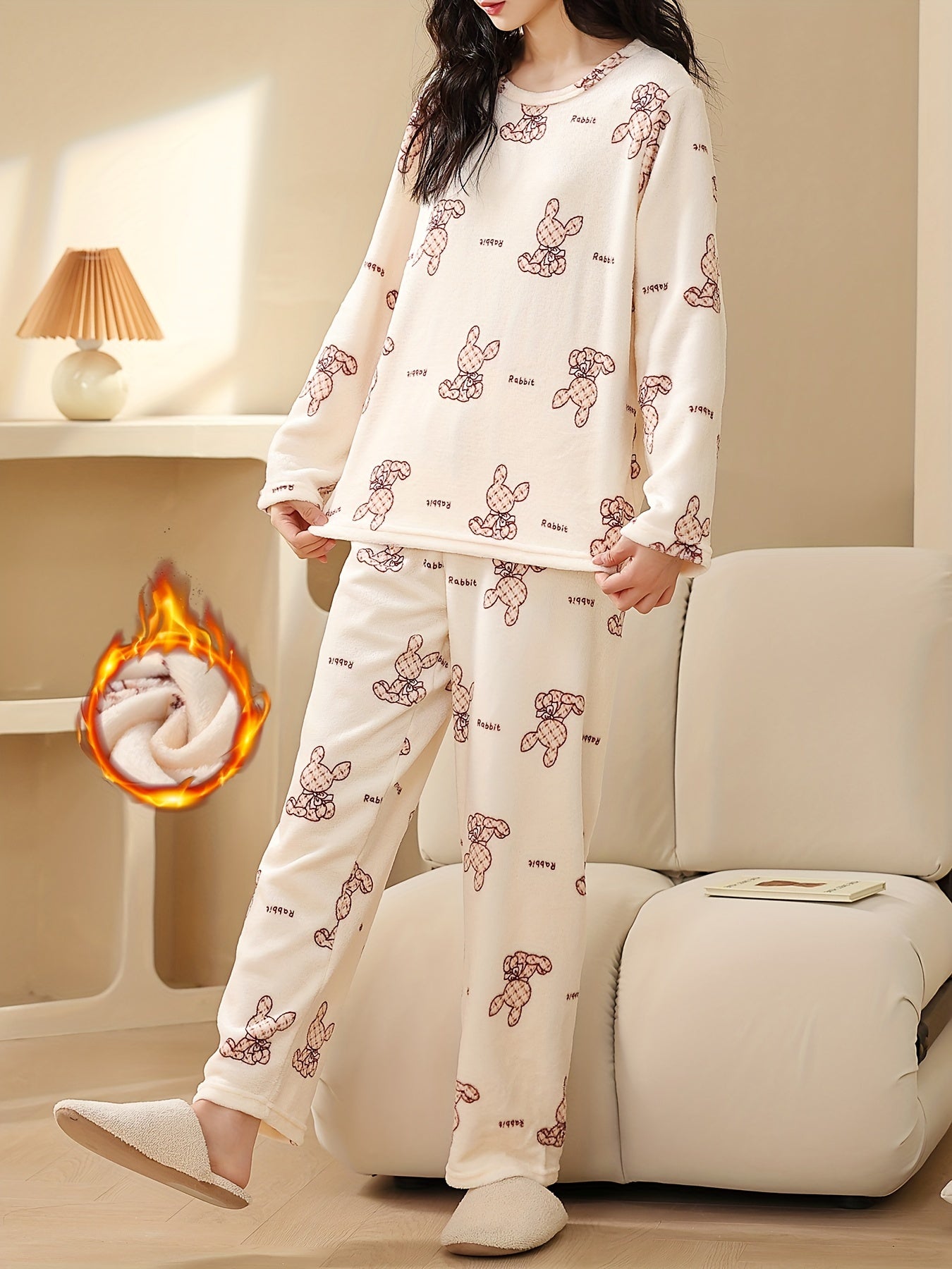 Bunny Print Pajama Set Long Sleeve Top & Fuzzy Pants Women's Sleepwear