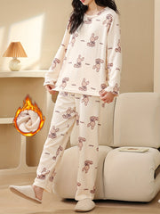 Bunny Print Pajama Set Long Sleeve Top & Fuzzy Pants Women's Sleepwear