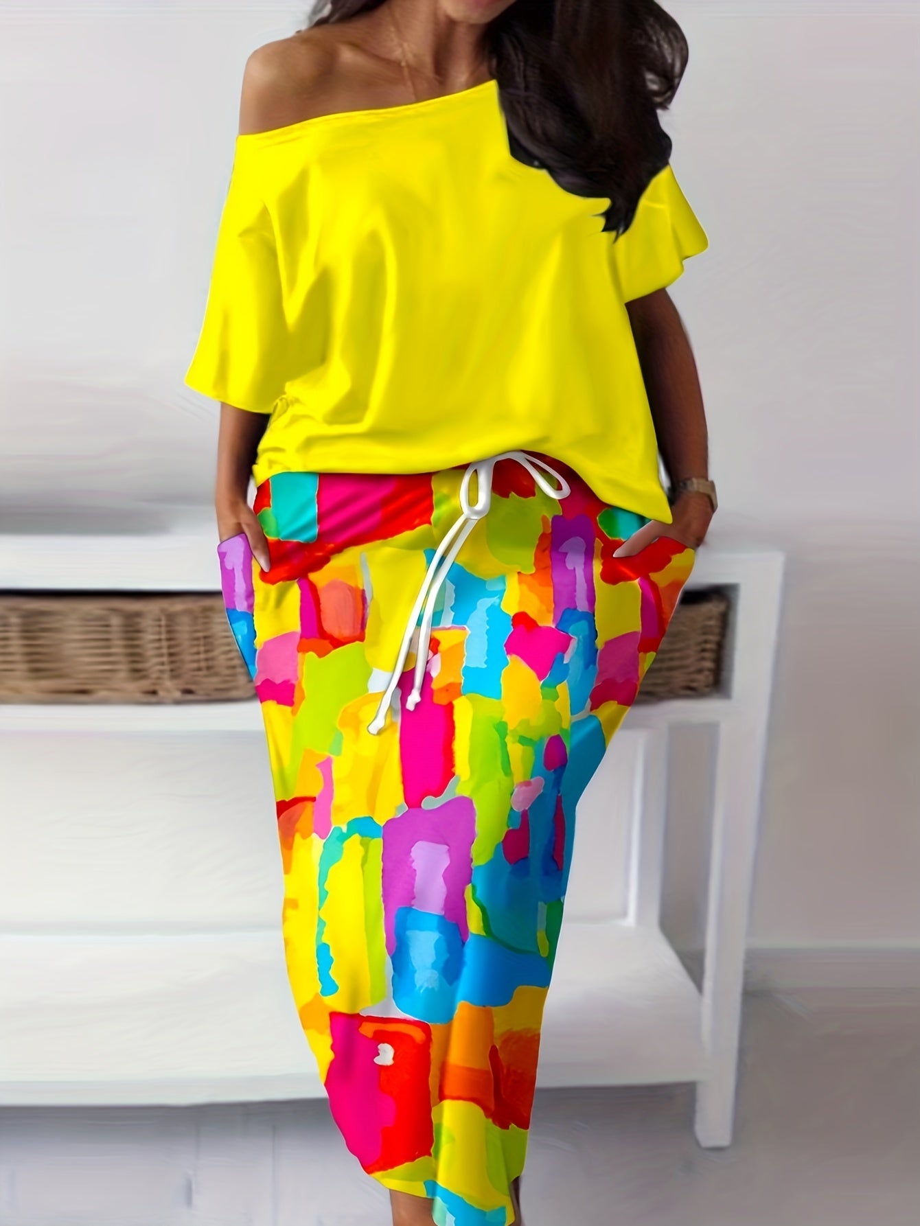  2 Piece Set: One Shoulder Top & Drawstring Maxi Skirt