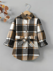 Girls Plaid Button Down Jacket with Belt