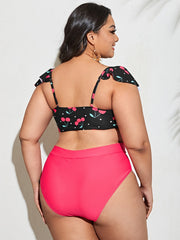 Colorblock Cherry Print Ruffle Sleeve Bikini Set