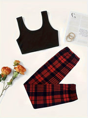 Plaid Print Lounge Set Tank Top & Pants Women's Loungewear