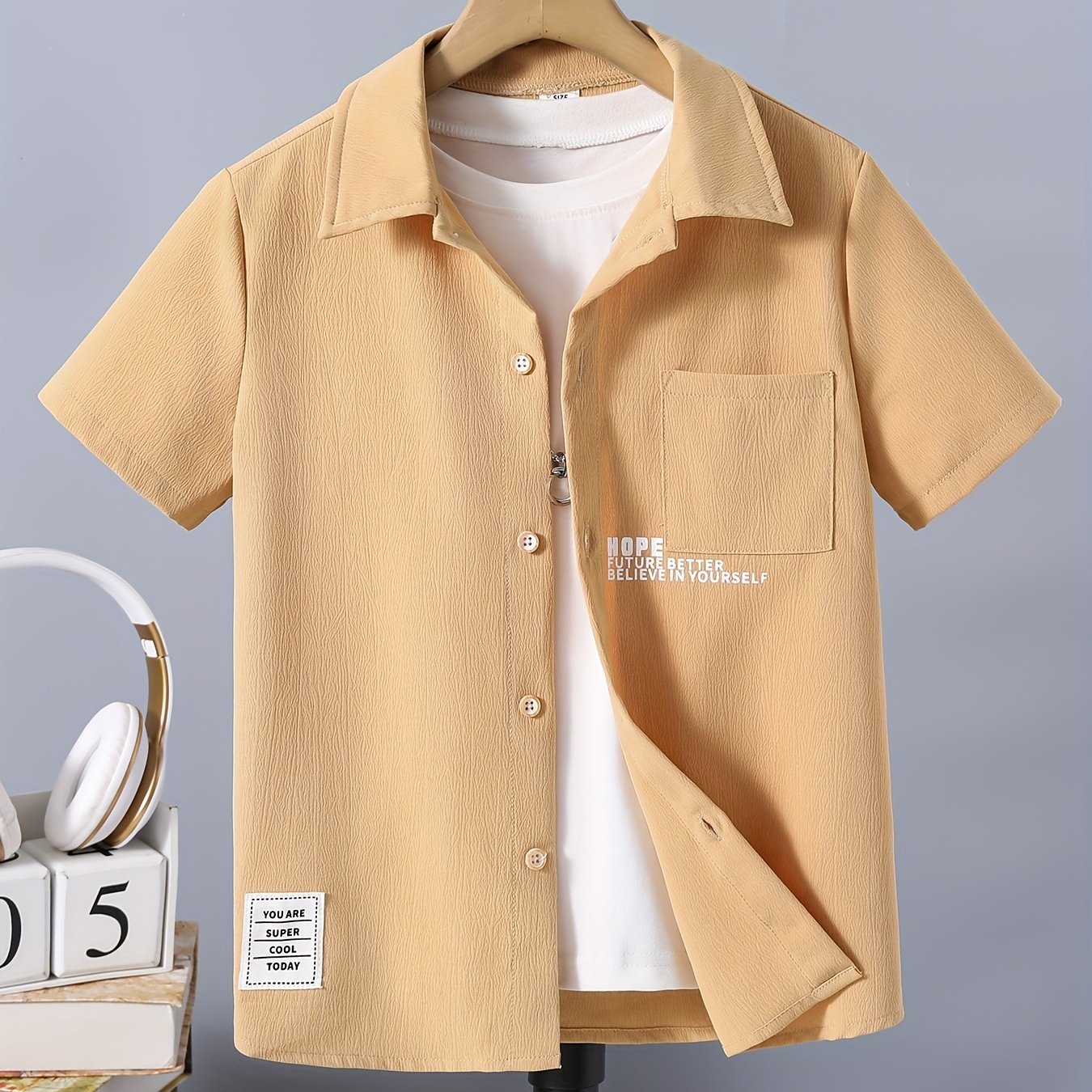 Stylish Letter Graphic Print Boys Casual Short Sleeve Shirt