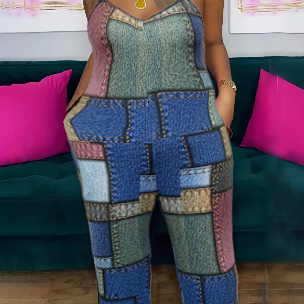  Casual Jumpsuit Denim Print Straight Leg Jumps