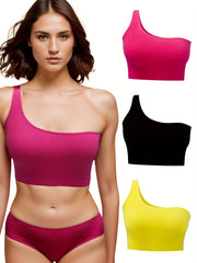 3pcs One Shoulder Straps Tops Solid Elastic Sports Top Women's Lingerie