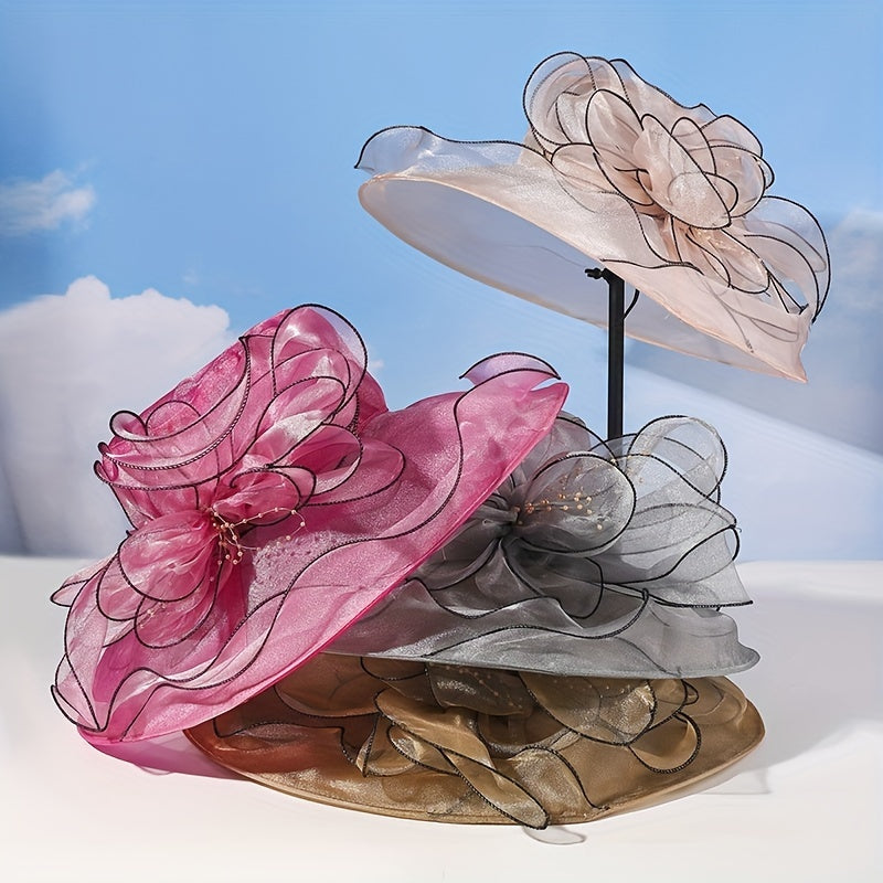 Wide Brim Organza Sun Hat Mesh Flower Summer Travel Beach Hats