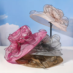 Wide Brim Organza Sun Hat Mesh Flower Summer Travel Beach Hats