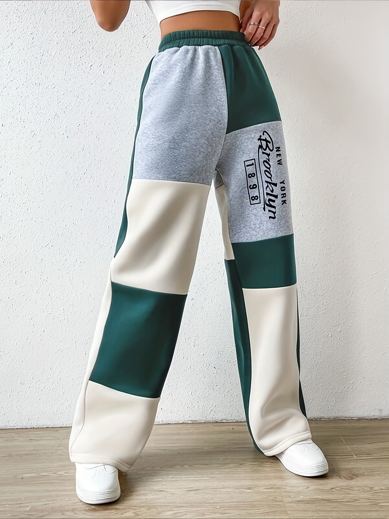  Colorblock Wide Leg Yoga Pants with Elastic Waist