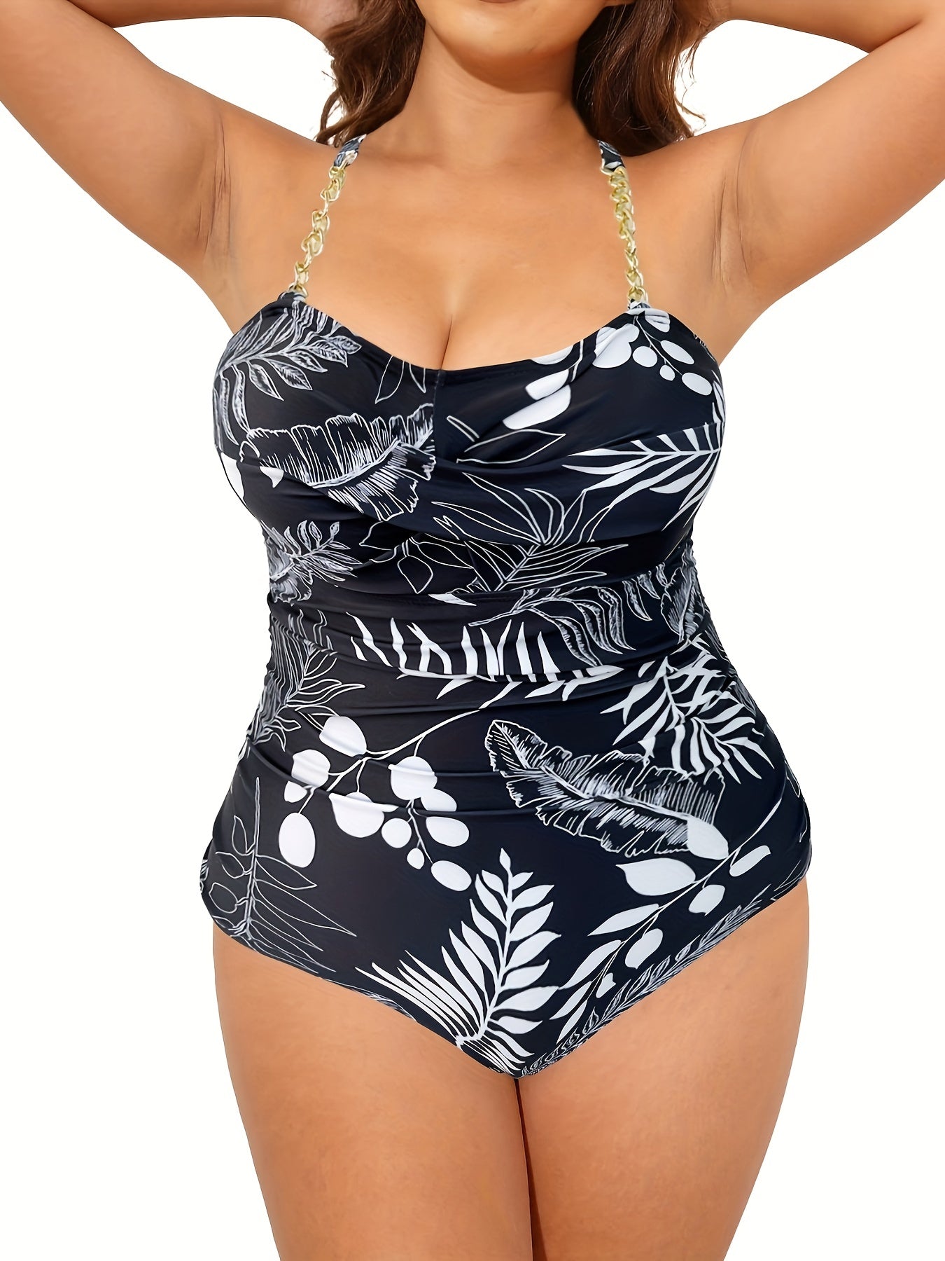  Tropical Print Chain Linked Ruched One Piece Swimsuit