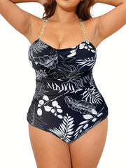  Tropical Print Chain Linked Ruched One Piece Swimsuit