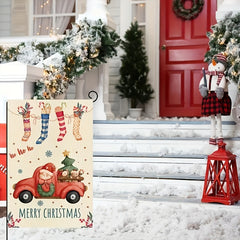 Christmas Burlap Yard Flag Xmas Stocking Candy Canes Red Truck Tree