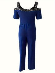  Colorblock Star Print Cold Shoulder Jumpsuit