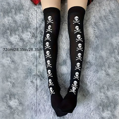 Skull Print Thigh High Socks Halloween Party Cosplay Over The Knee Socks