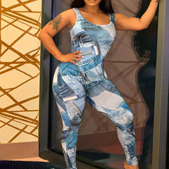 Denim Print Slim Tank Jumpsuit Casual Sleeveless Jumpsuit