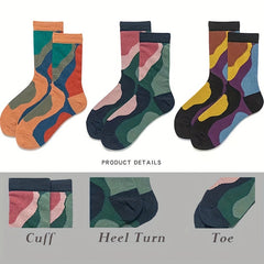 3 Pairs Retro Colorblock Socks Novelty Pattern Crew Socks Women's Stockings