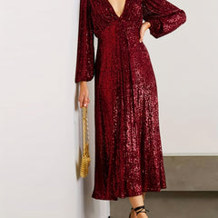 Sequined V Neck Long Sleeve Dress for Wedding Party