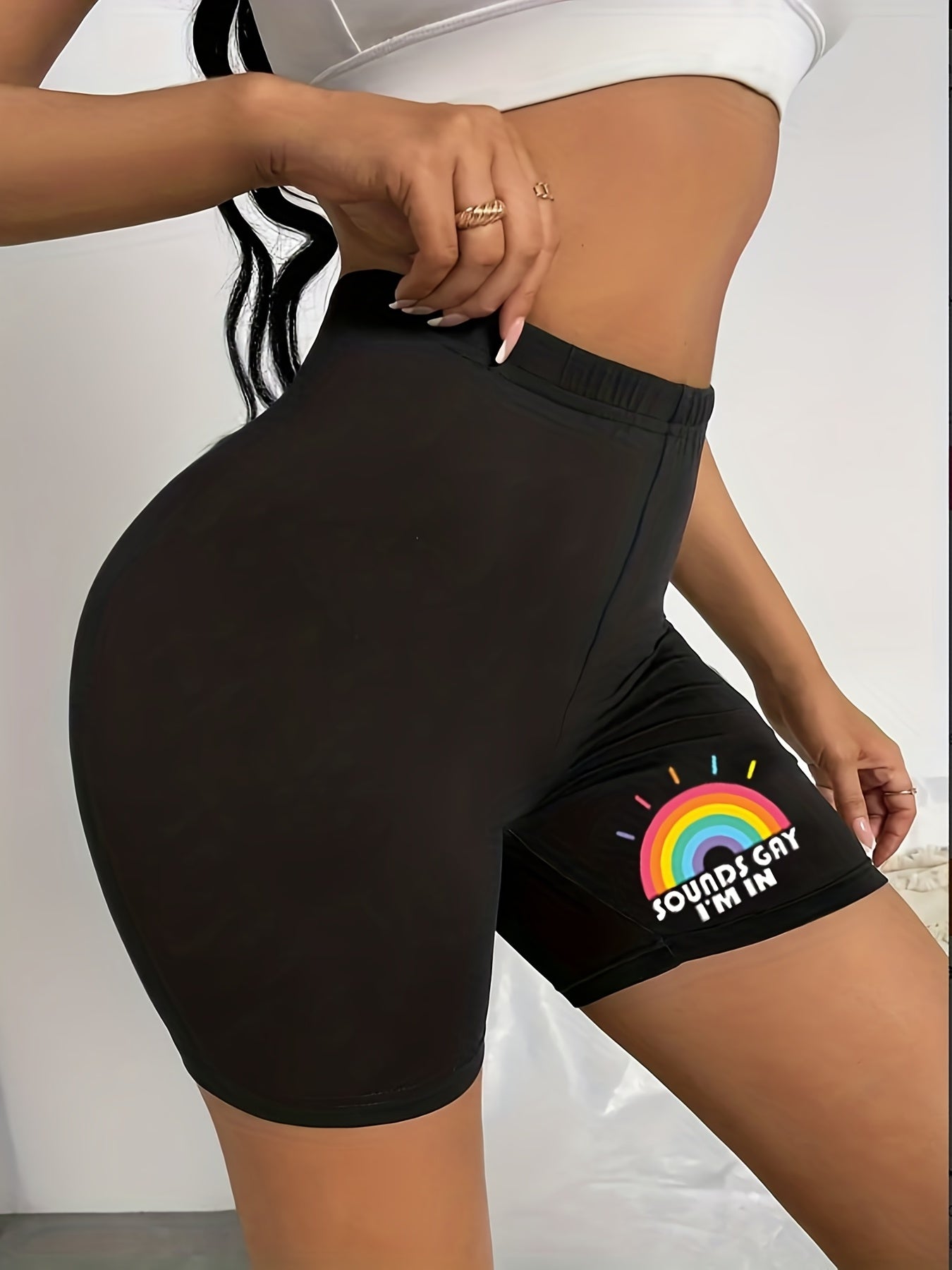 Plus Rainbow & Slogan Print High Rise Skinny Biker Shorts