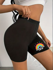 Plus Rainbow & Slogan Print High Rise Skinny Biker Shorts