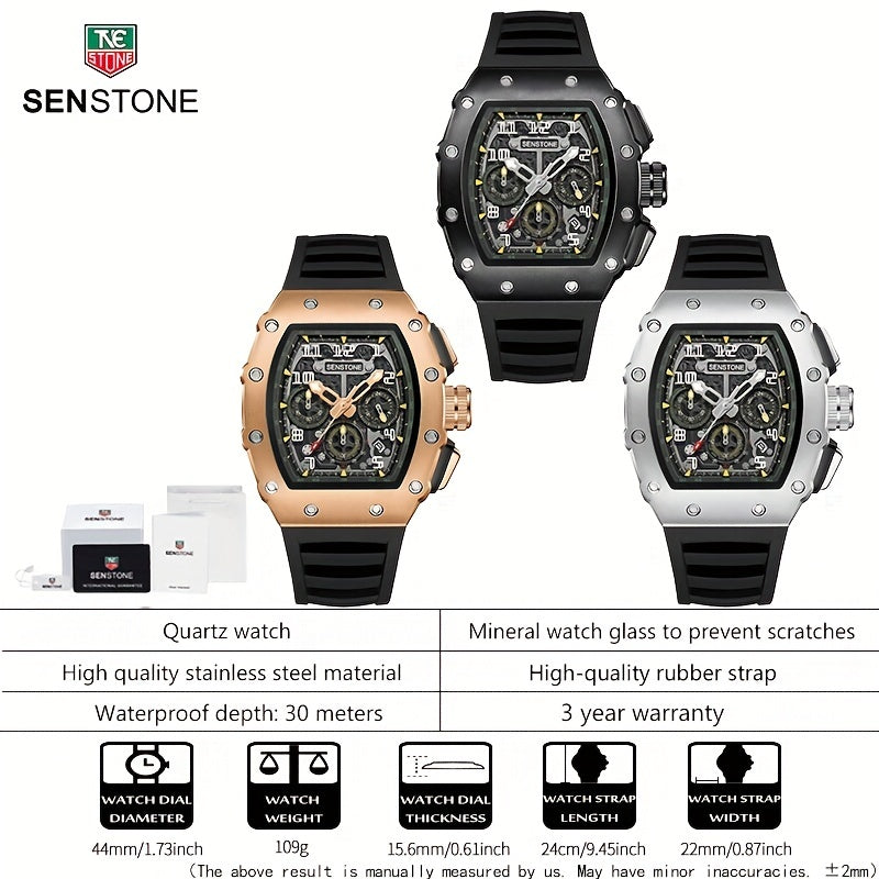SENSTONE Men's Watch Waterproof Stainless Steel Square Tonneau Watch