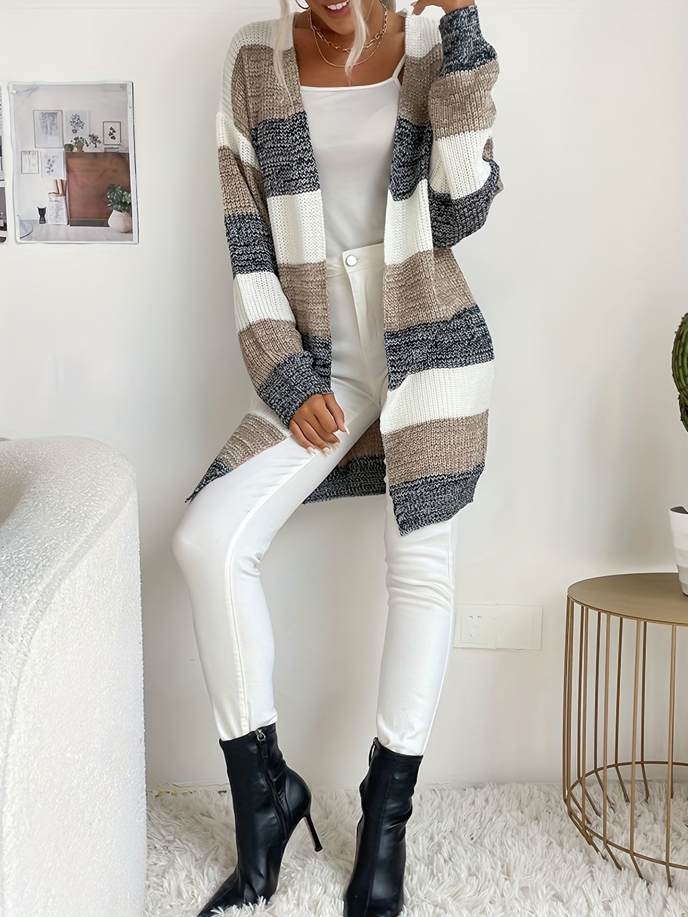  Colorblock Long Sleeve Open Front Cardigan