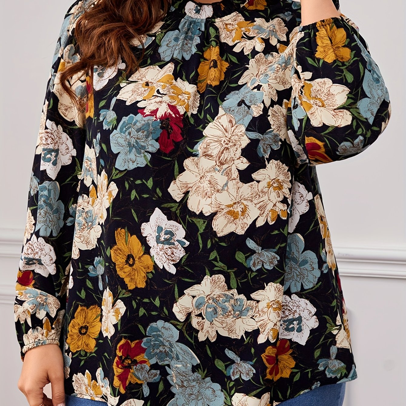  Floral Print Ruffle Trim Lantern Sleeve Blouse