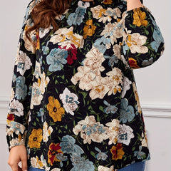  Floral Print Ruffle Trim Lantern Sleeve Blouse