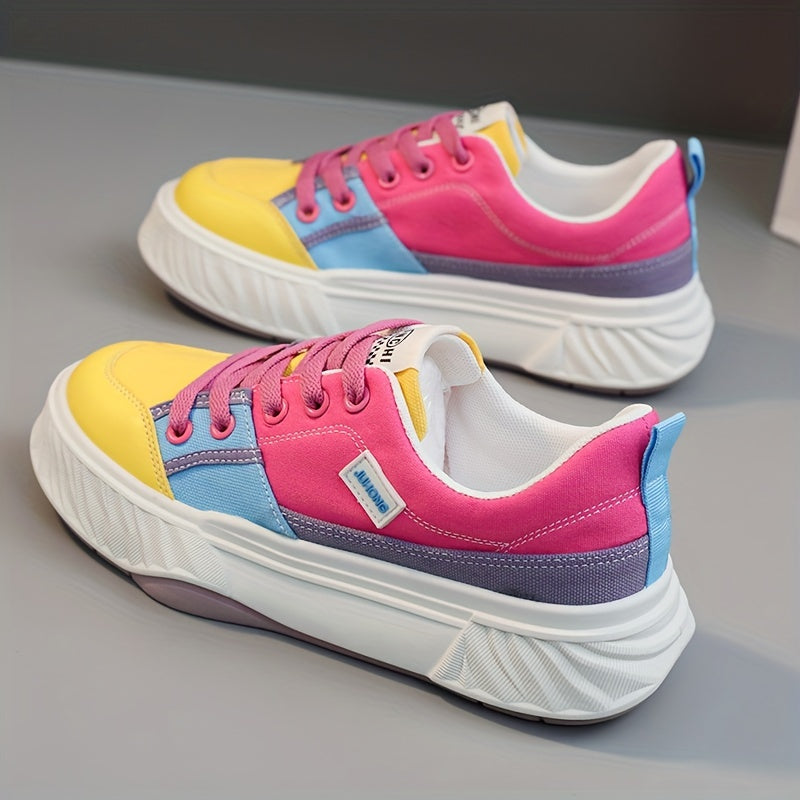 Colorblock Platform Sneakers Lace Up Low Top Canvas Shoes