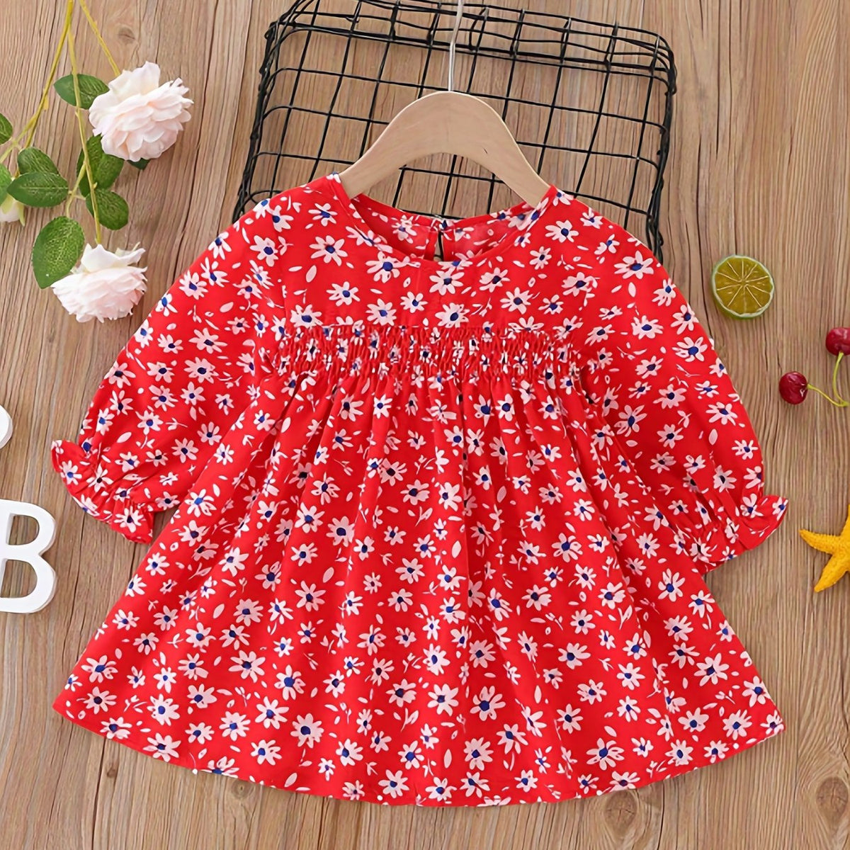 Baby Girls Floral Shirred Puffy Long Sleeve Dress
