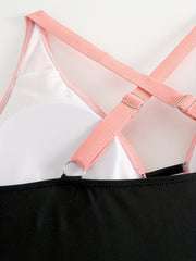  Colorblock Lace Up High Stretch One Piece Swimsuit