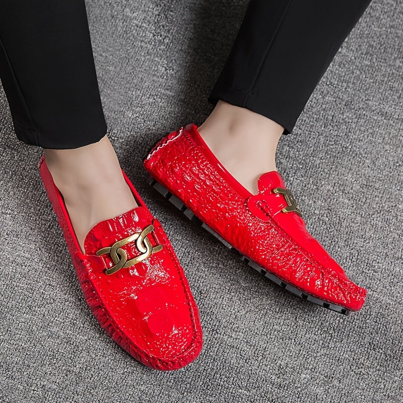 Red Metal Buckled Loafers Anti slip Round Toe Flat Casual Shoes