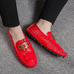 Red Metal Buckled Loafers Anti slip Round Toe Flat Casual Shoes