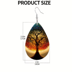 Tree Of Life Teardrop Dangle Earrings Bohemian Style PU Leather Jewelry