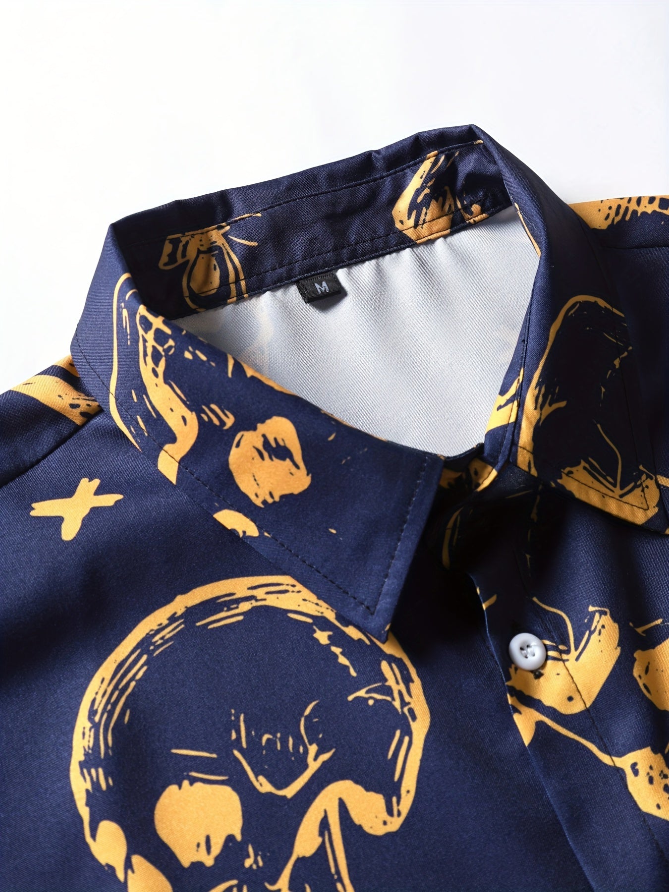 Navy Orange Skull Vintage Style Summer Shirt Men Short Sleeve Casual Blouse