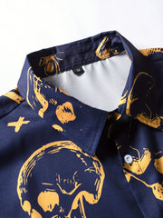 Navy Orange Skull Vintage Style Summer Shirt Men Short Sleeve Casual Blouse