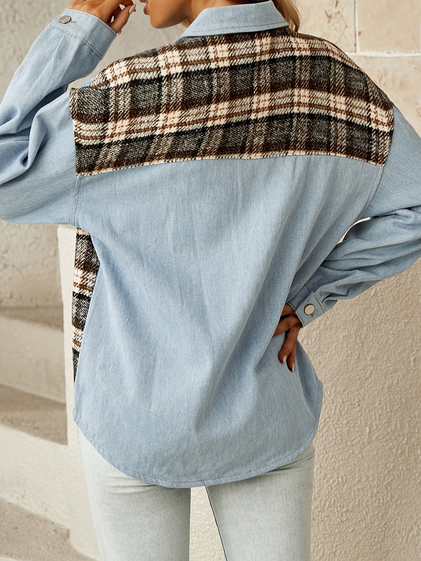 Patched Plaid Denim Jacket with Flap Pockets