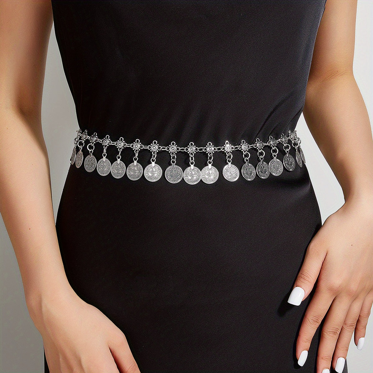 Vintage Boho Silvery Coin Pendant Waist Chain for Women