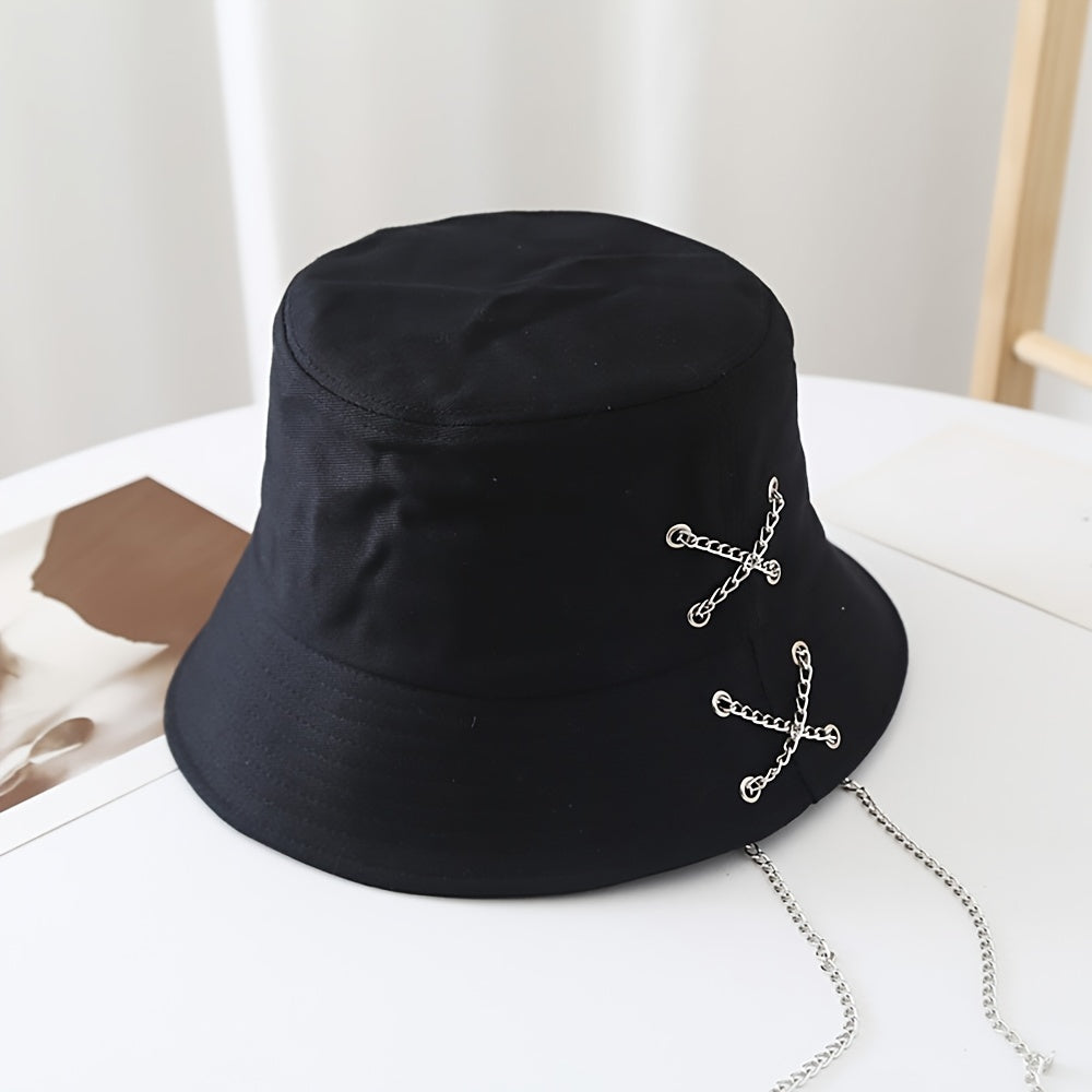 Metal Chain Decor Bucket Hat Solid Casual Sun Hat Unisex Fisherman Cap