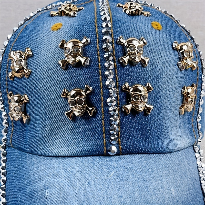 Skull Rivet Decor Baseball Cap Y2K Washed Denim Sun Hat Casual Dad Hats