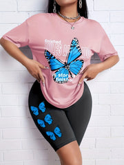 Butterfly Print Lounge Set Short Sleeve Top & Shorts Women's Loungewear