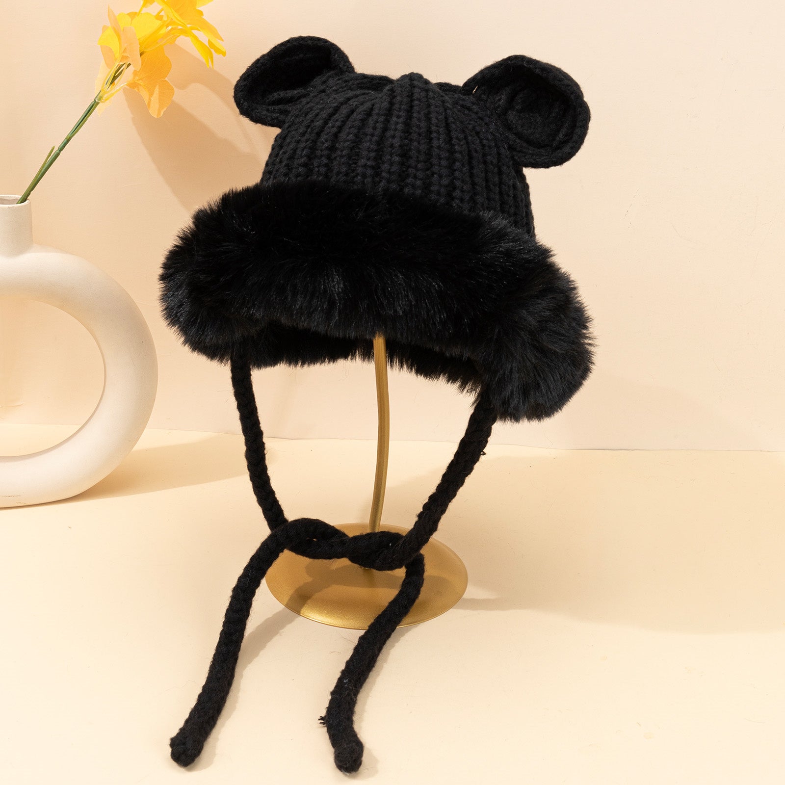 Woolen Knit Hat Winter Ears Braids Plush Cap Keep Warm