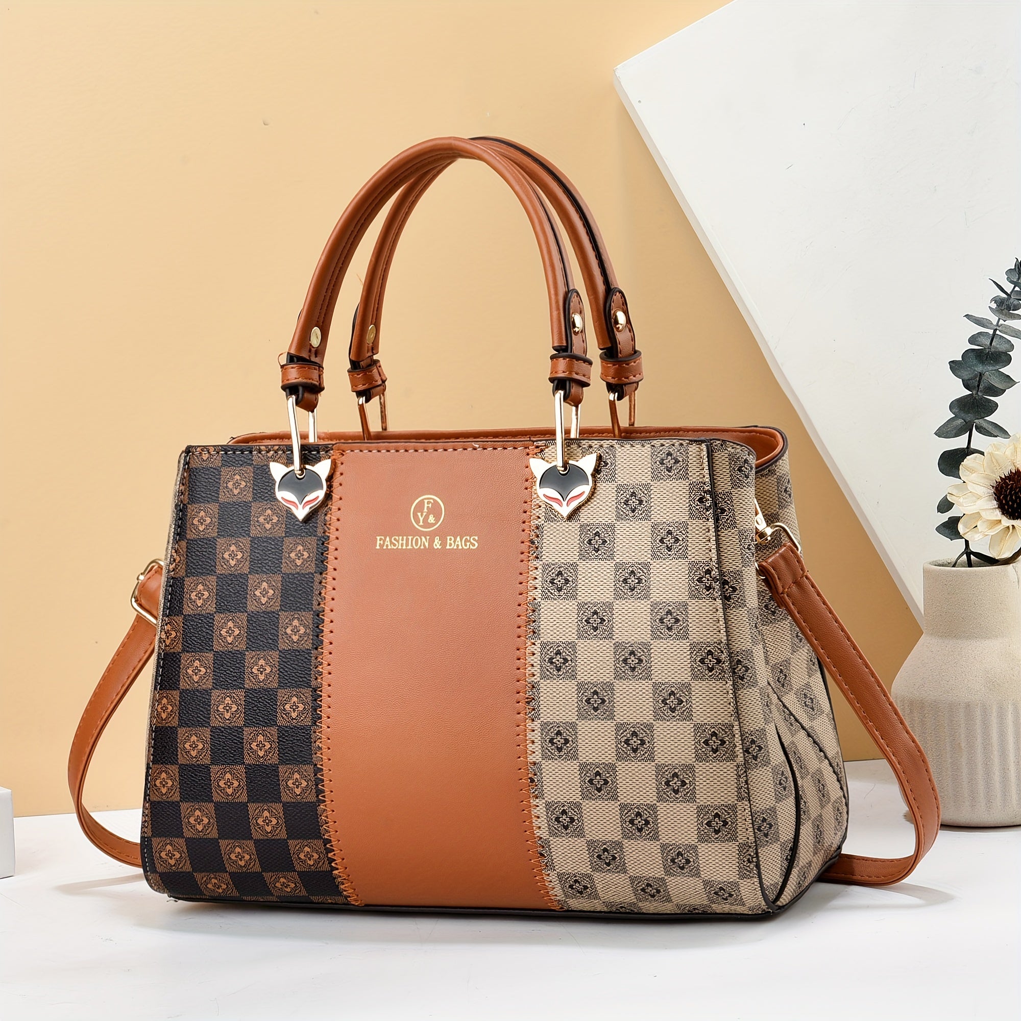 Colorblock Handbag Checkered Pattern Crossbody Bag Top Handle Purse