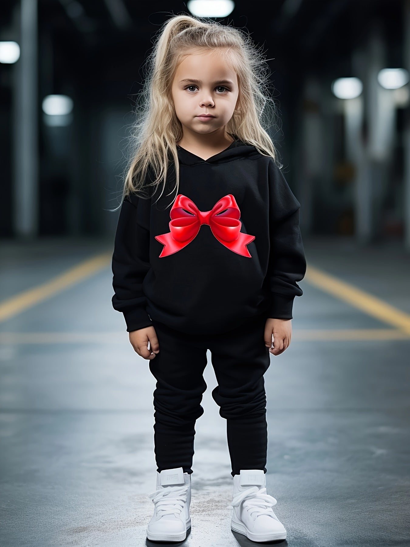 Girls 2pc Hooded Sweatshirt & Sweatpants Set Cartoon Bowknot Pattern Long Sleeve