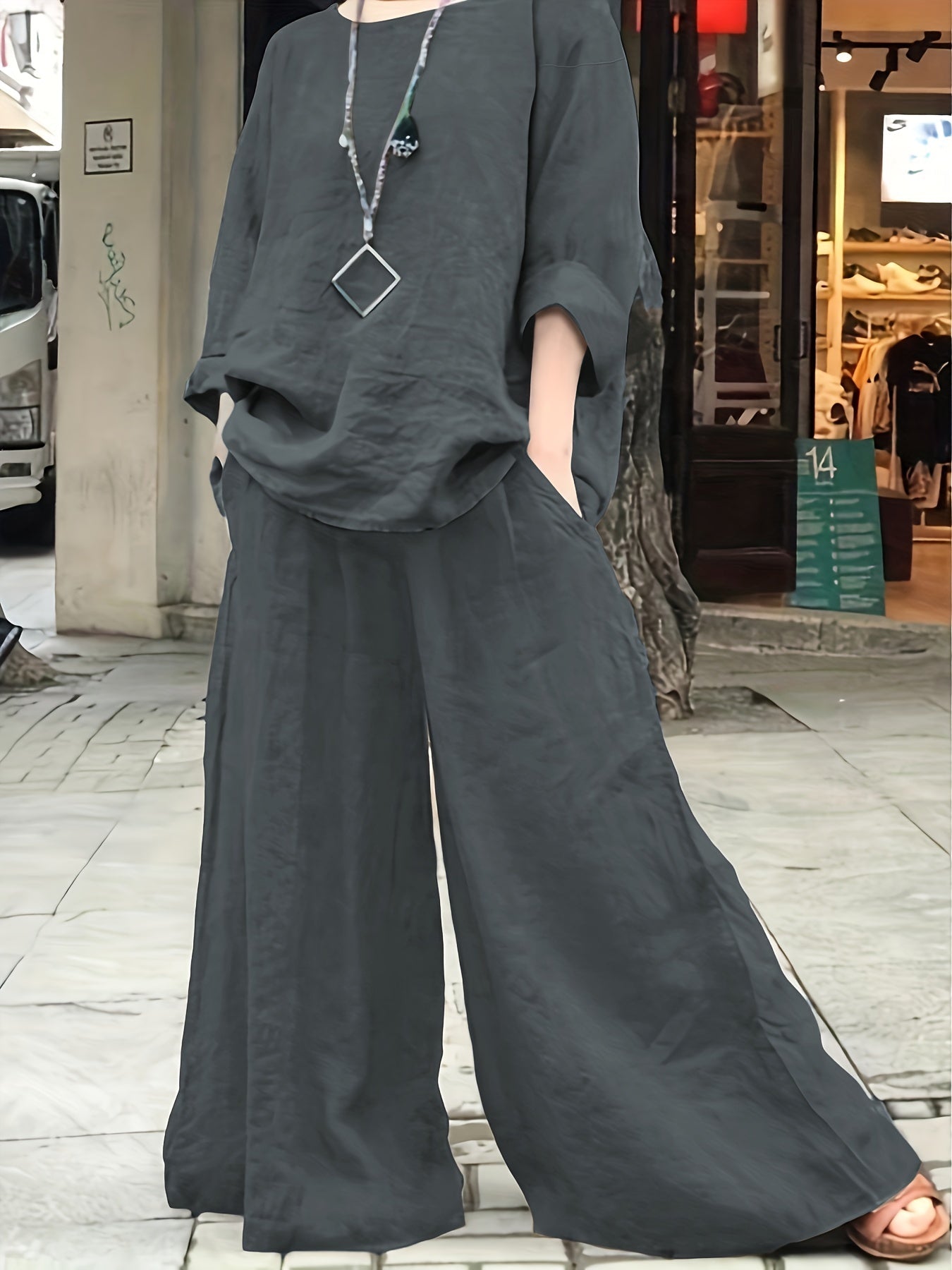  Casual Outfits Set Women's Plus Solid Top & Wide Leg Pants