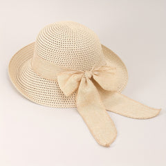 Straw Bucket Hat Bowknot Ribbon Solid Summer Beach Hat