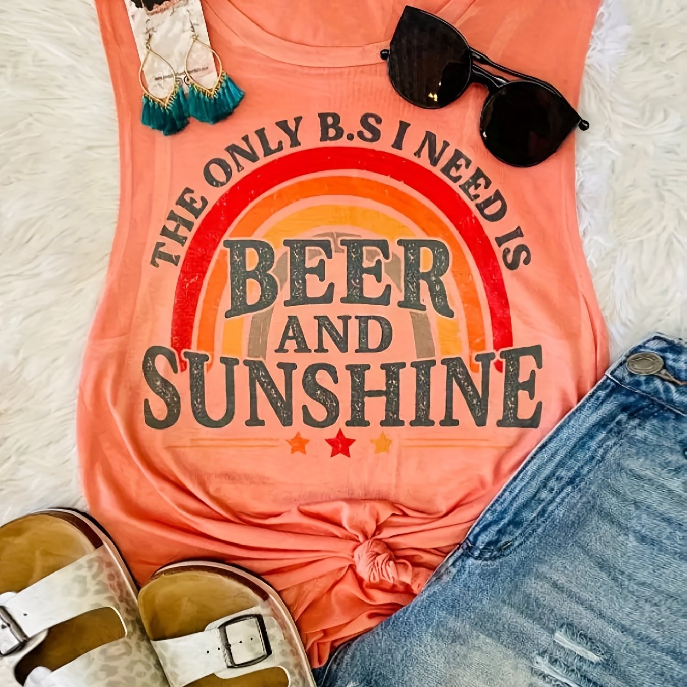  Rainbow Print Tank Top Round Neck Medium Stretch