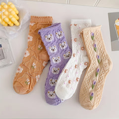 4 Pairs Floral Print Textured Socks Women's Stockings