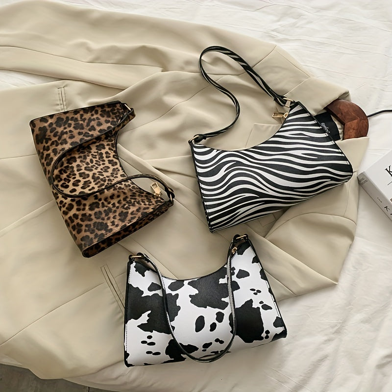 Animal Print Shoulder Bag Zipper PU Leather Versatile Crescent Bag