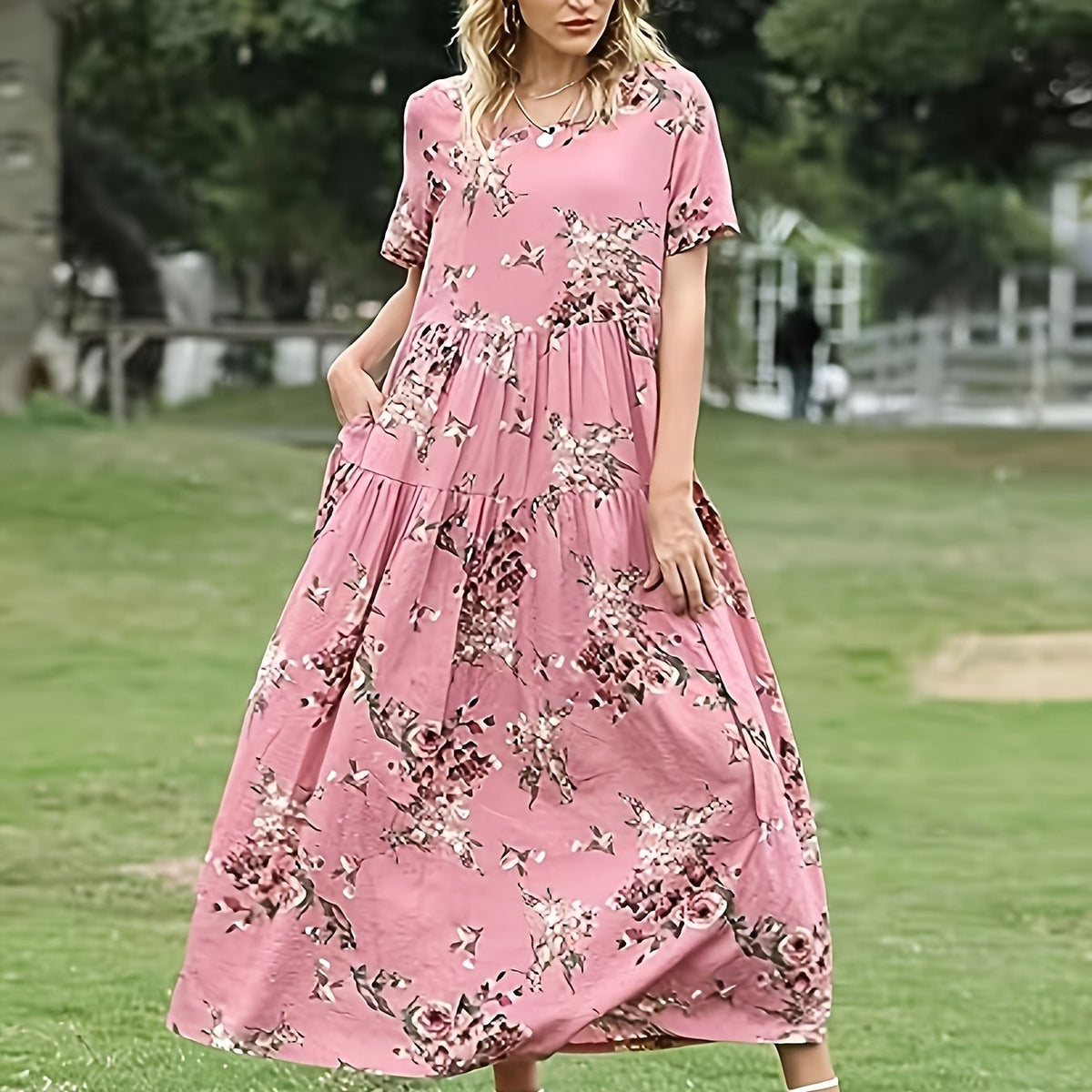  Boho Dress Women's Floral Print Maxi Smock Dress With Pockets