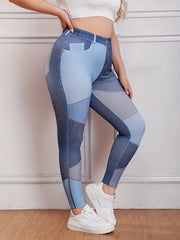  Casual Leggings Women's Plus Colorblock Denim Print