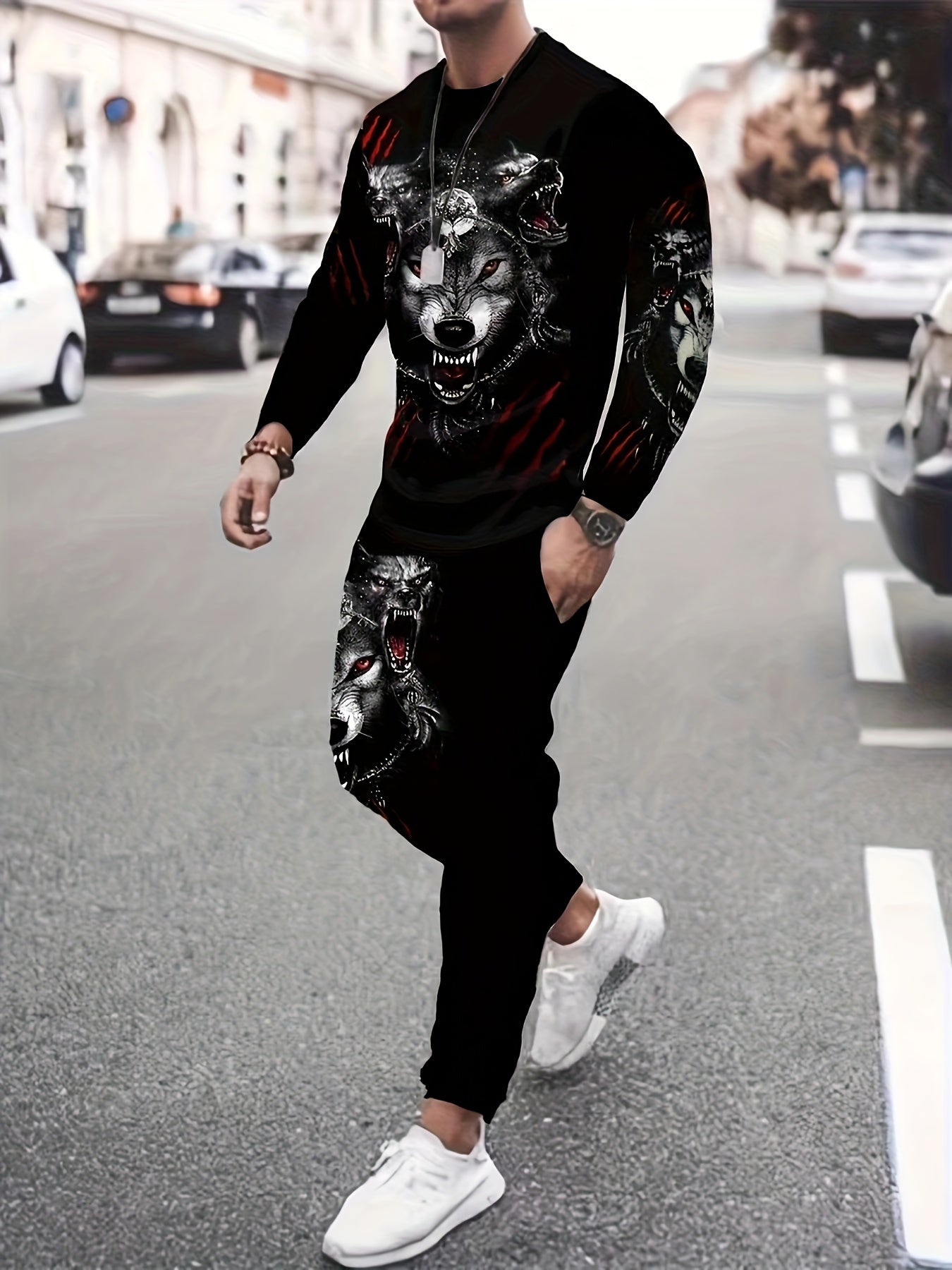 Men's Wolf Print 3D Sweatshirt & Joggers Set for Sports